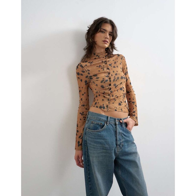 Topshop mesh high neck ruffle button long sleeve top in deer