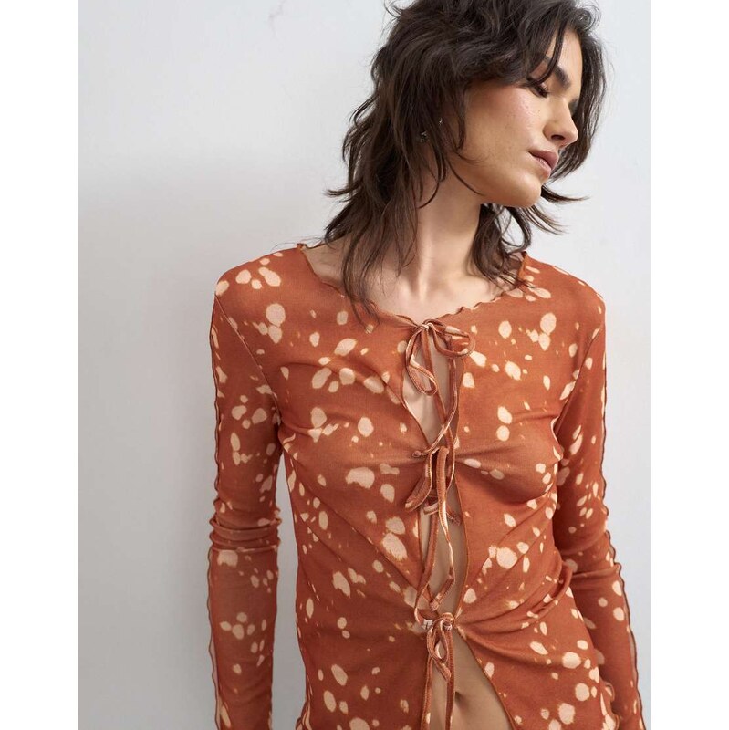Topshop mesh tie front long sleeve top in deer print-Multi