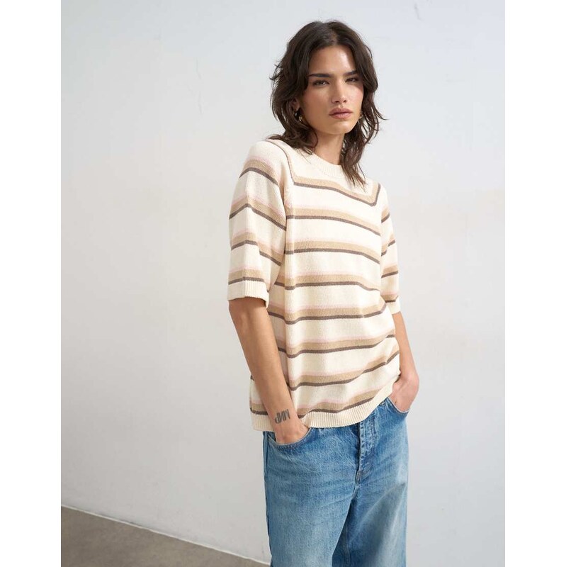 Topshop knitted half sleeve t-shirt in neutral stripe-Multi