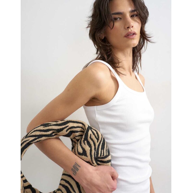 Topshop skinny strap scoop rib vest in white-No colour