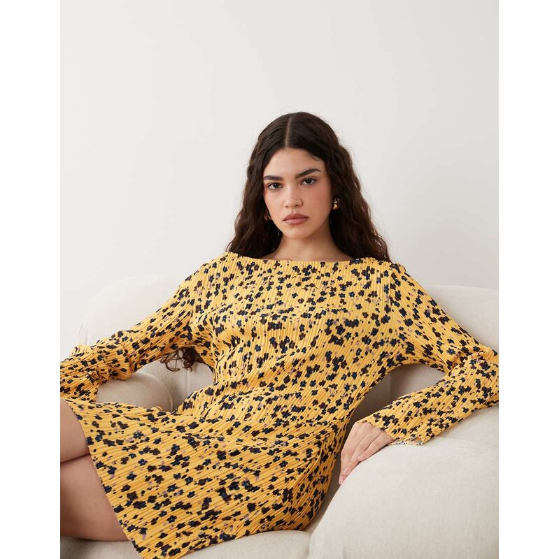 ASOS DESIGN long angel sleeve plisse mini dress in yellow floral print-Multi