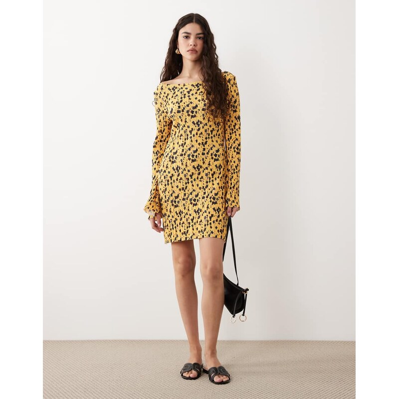 ASOS DESIGN long angel sleeve plisse mini dress in yellow floral print-Multi