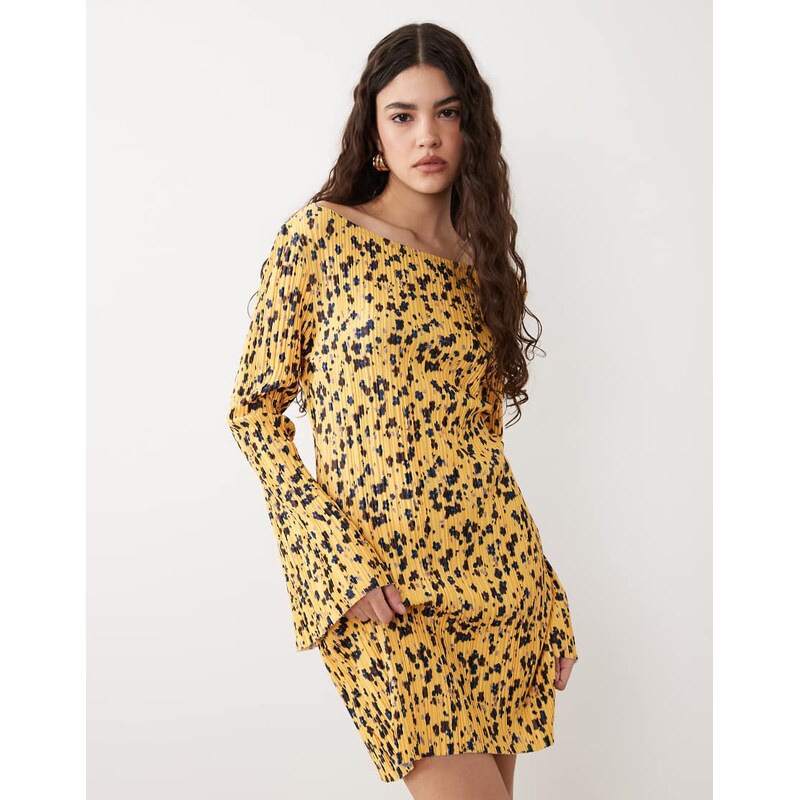 ASOS DESIGN long angel sleeve plisse mini dress in yellow floral print-Multi