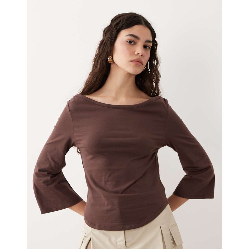 ASOS DESIGN 3/4 sleeve top with boat neck in chocolate-Brown 115523281