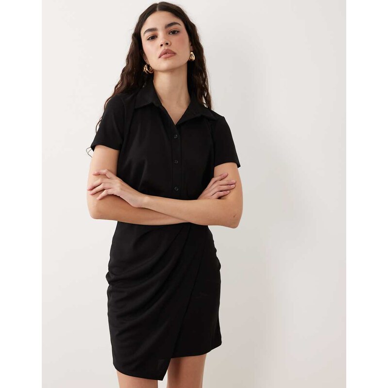 ASOS DESIGN short sleeve shirt detail with wrap skirt mini dress in black