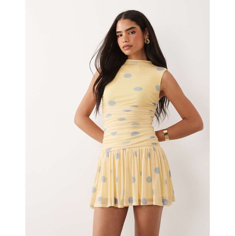 ASOS DESIGN printed polka dot ruched drop waist circle mini