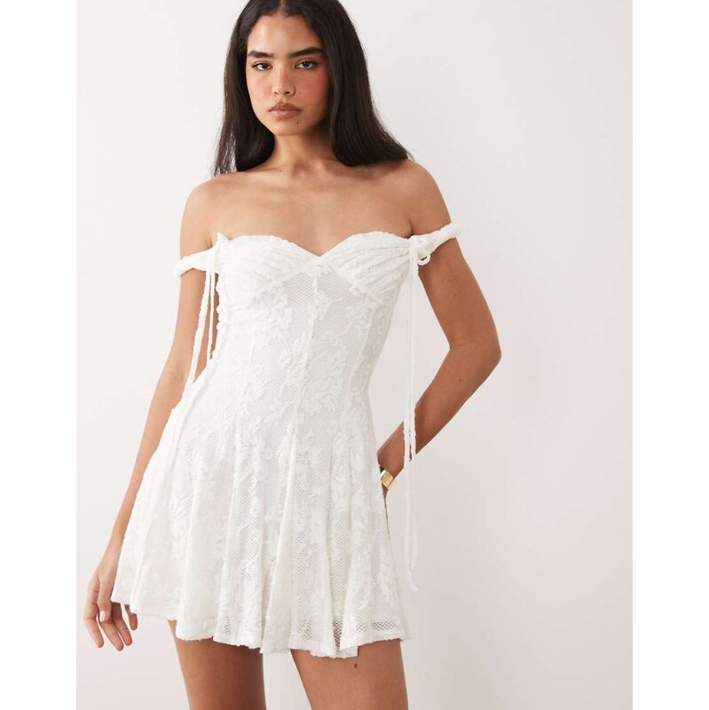 ASOS DESIGN devore bardot twist strap mini dress with godets in
