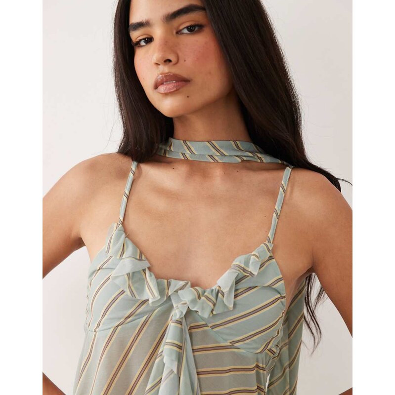 ASOS DESIGN co-ord printed stretch chiffon ruffle plunge scarf top in stripe print-Multi