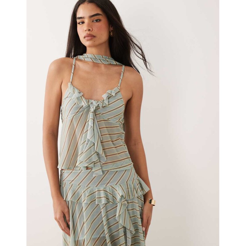ASOS DESIGN co-ord printed stretch chiffon ruffle plunge scarf top in stripe print-Multi