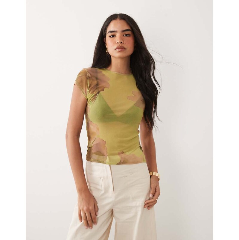 ASOS DESIGN printed mesh top in green floral-Multi