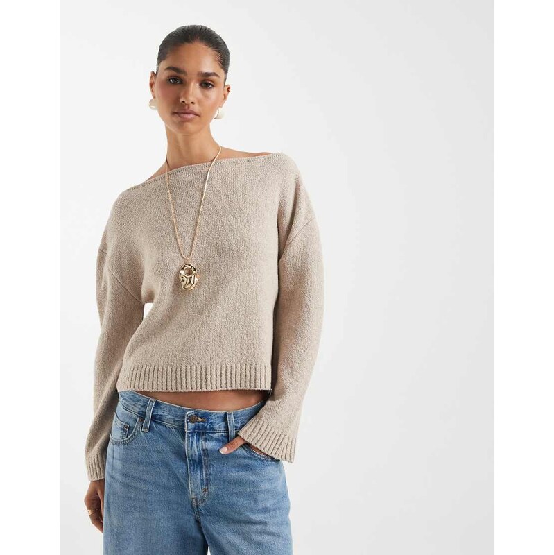 ASOS DESIGN knitted boucle one shoulder jumper in mocha-Brown