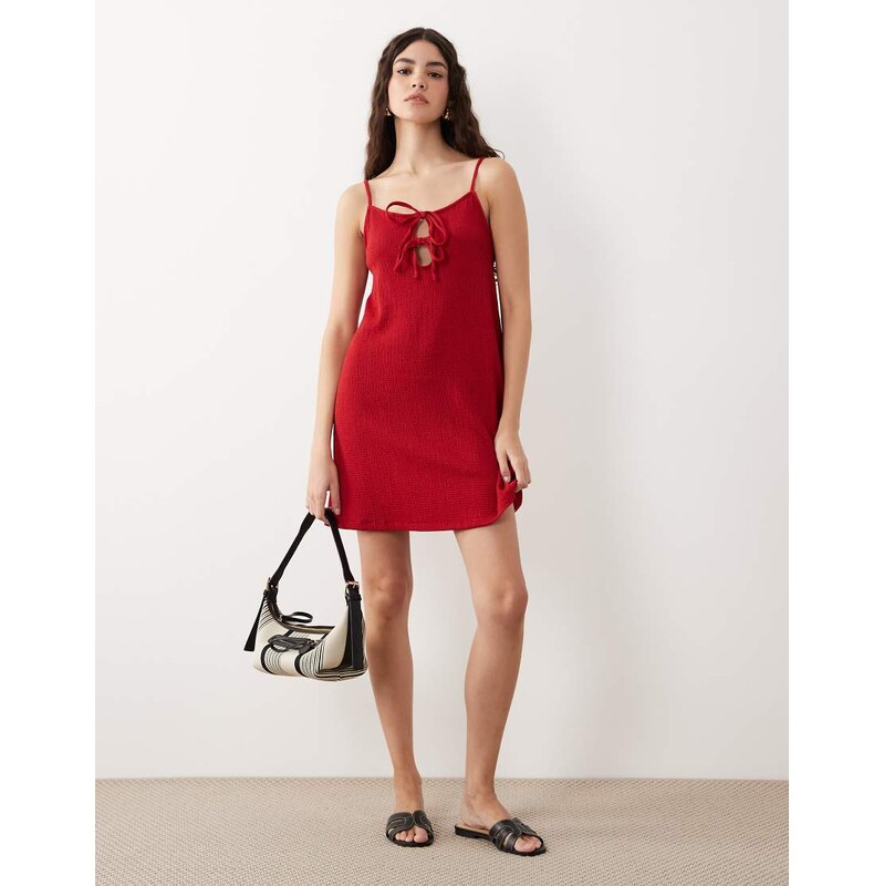 ASOS DESIGN textured strappy mini dress with tie detail front in red
