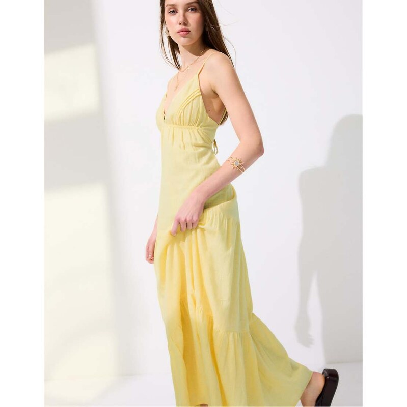 Stradivarius Long v-neck dress in pastel yellow 115149538