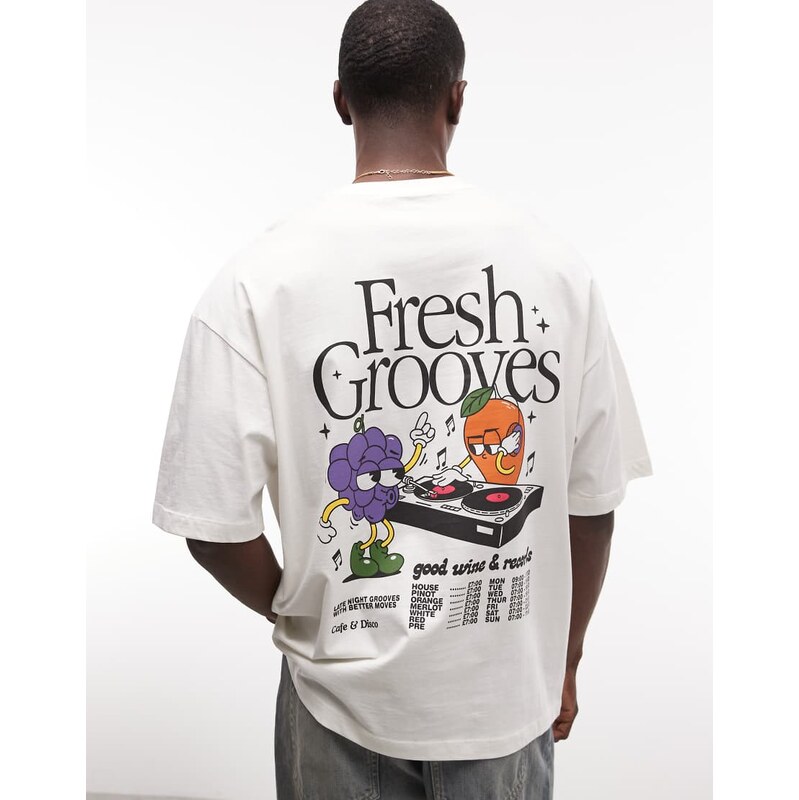 ASOS DESIGN oversized t-shirt with DJ graphic in cream-White