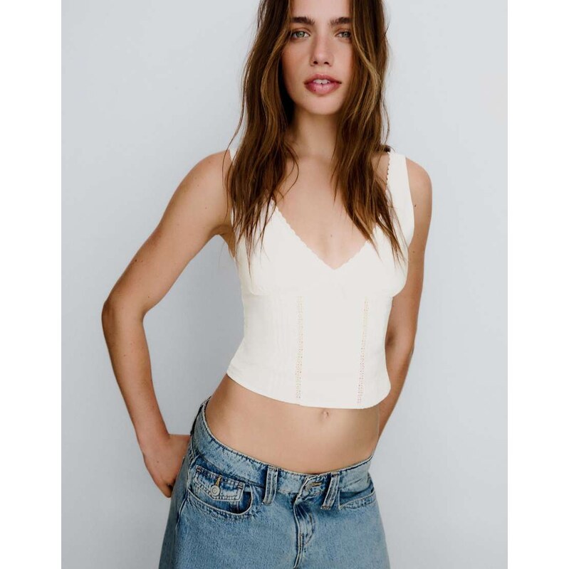 Bershka Lace strappy top in white