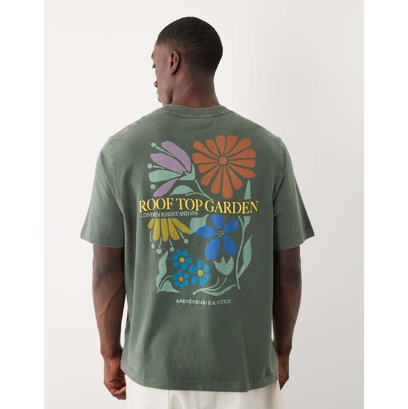 Abercrombie & Fitch botanical back graphic t-shirt in dark green 115149572