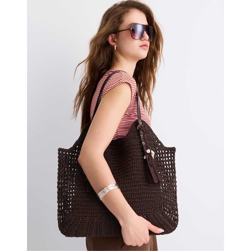 Stradivarius Crochet shoulder bag in brown