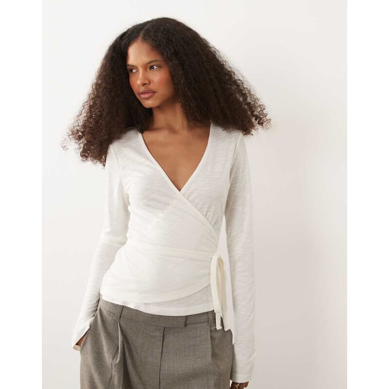 4th & Reckless marl wrap tie detail top in white-Grey 115153484