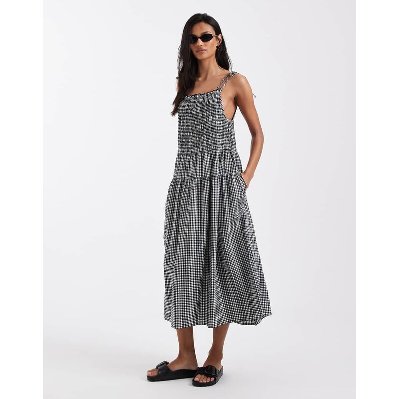 Levis shirred checked mini sundress in black