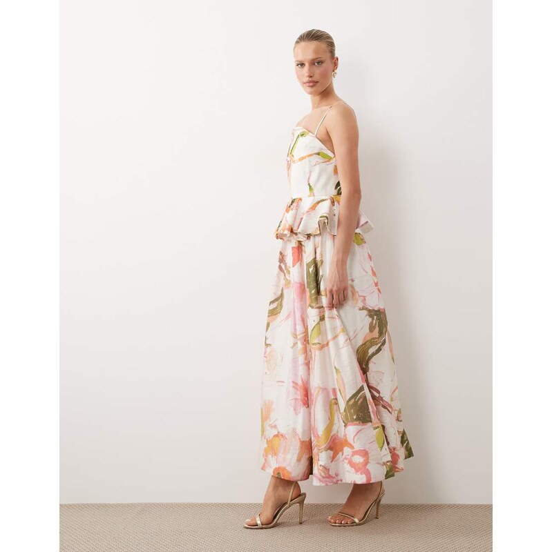 ASOS DESIGN embellished peplum midi dress in watercolour floral