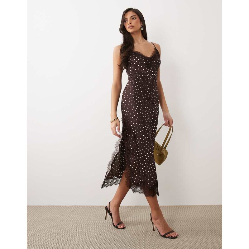 Forever New lace trim satin midi dress in brown spot 115153452