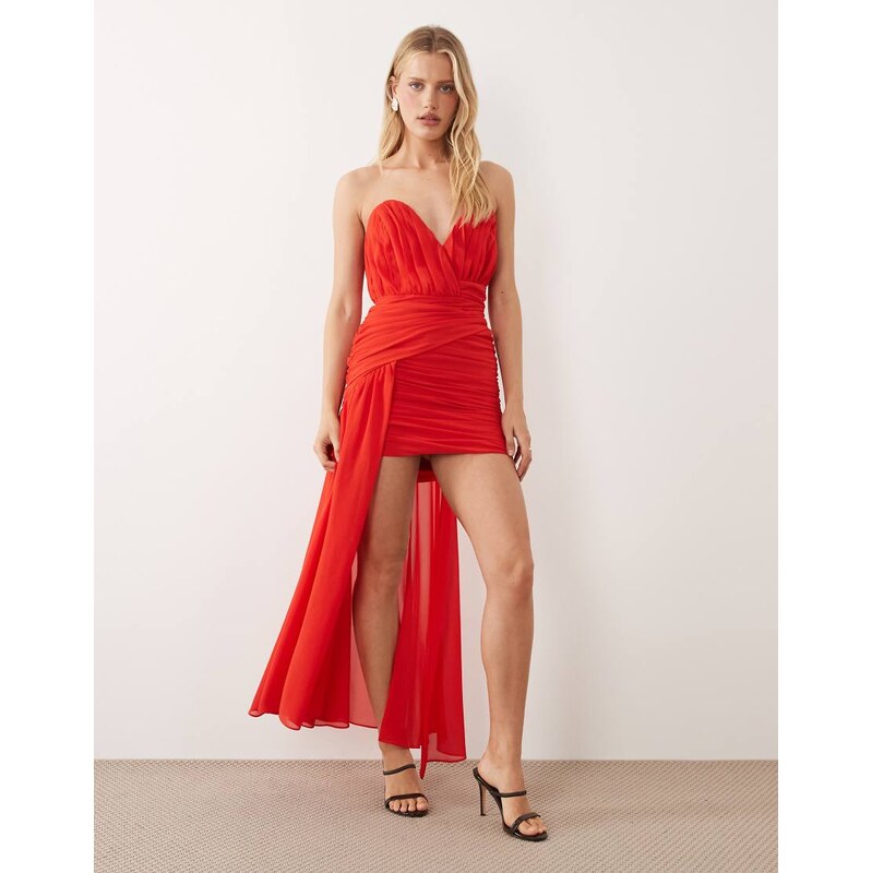 Bardot Remalia chiffon strapless draped mini dress in fire red