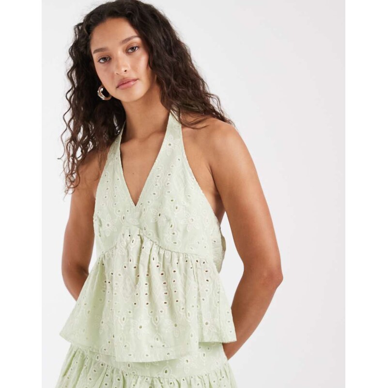 Vero Moda cotton broderie halter neck top co-ord in pale fog