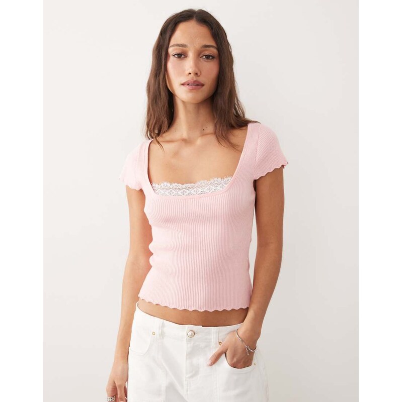 Miss Selfridge cap sleeve ribbed knitted top with lace detail in pink 115523279