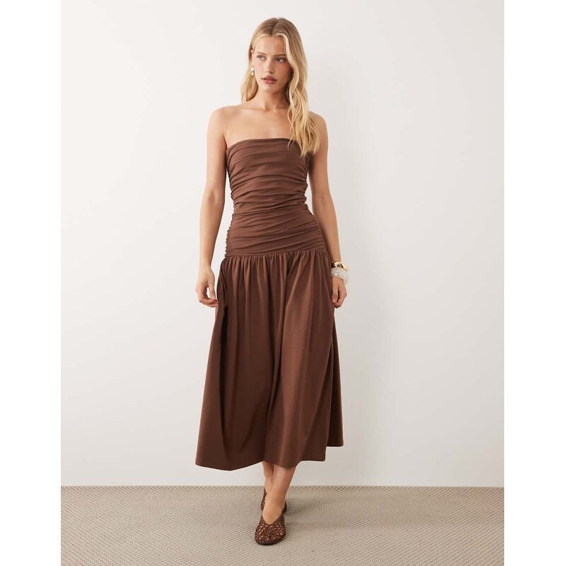 ASOS DESIGN ruched bandeau with dropped waist maxi dress in chocolate 115523361