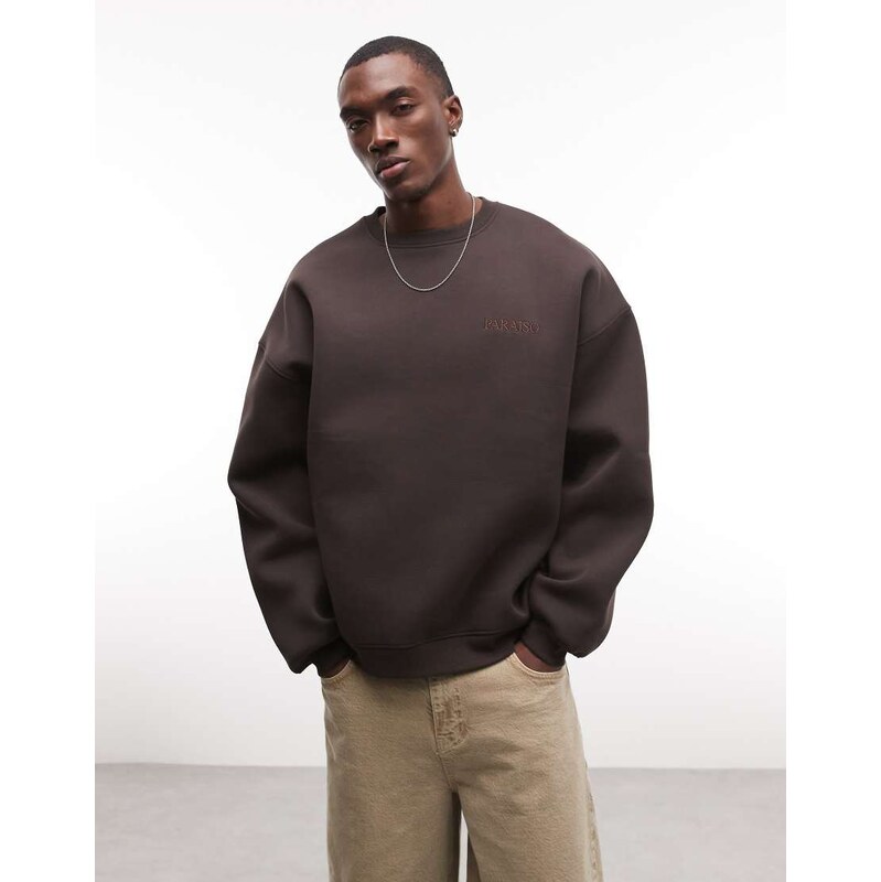 ASOS DESIGN extreme oversized sweatshirt with tonal embroidery in scuba-style fabric in brown