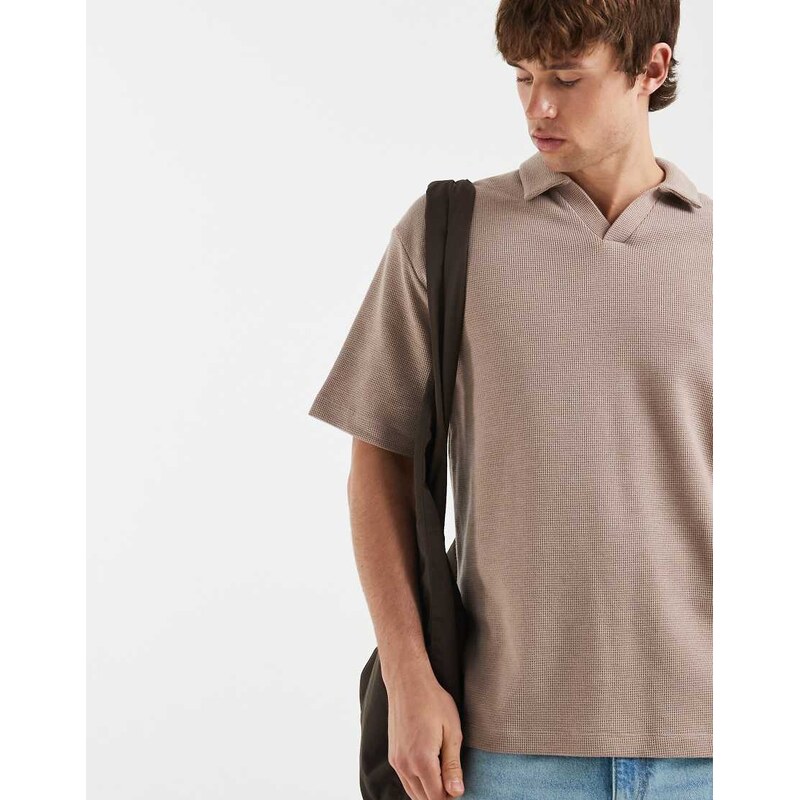 ASOS DESIGN relaxed notch polo in beige waffle-Neutral