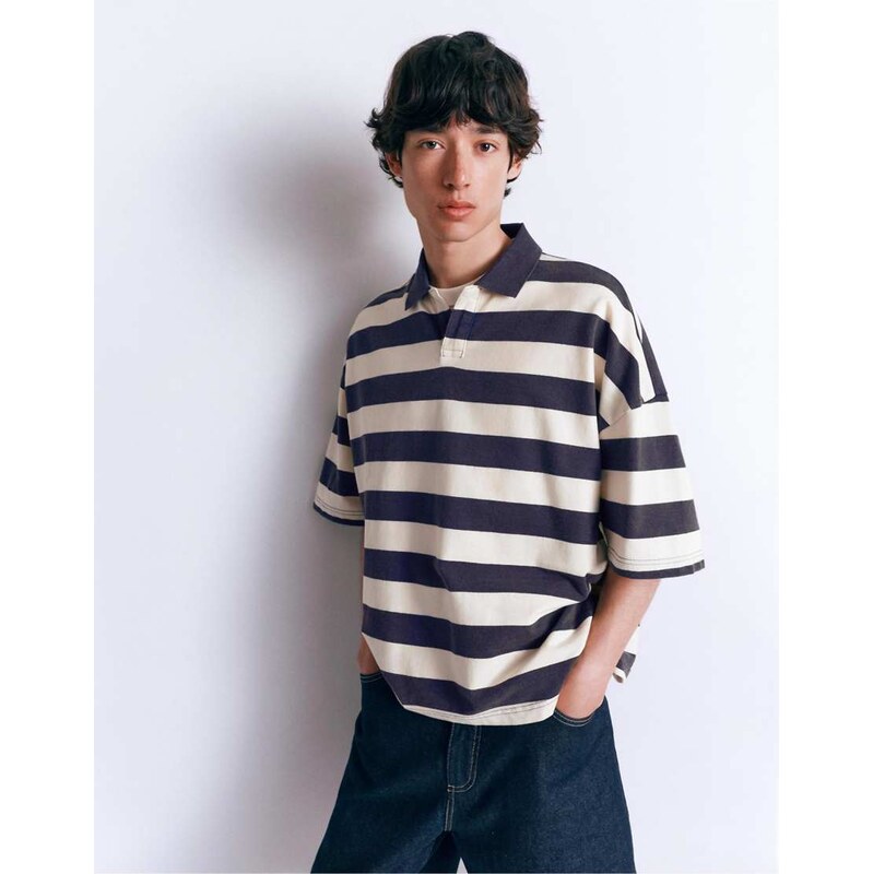 Pull&Bear boxy oversized striped polo shirt in blue