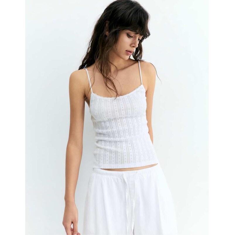 Pull&Bear Strappy pointelle knit top in white