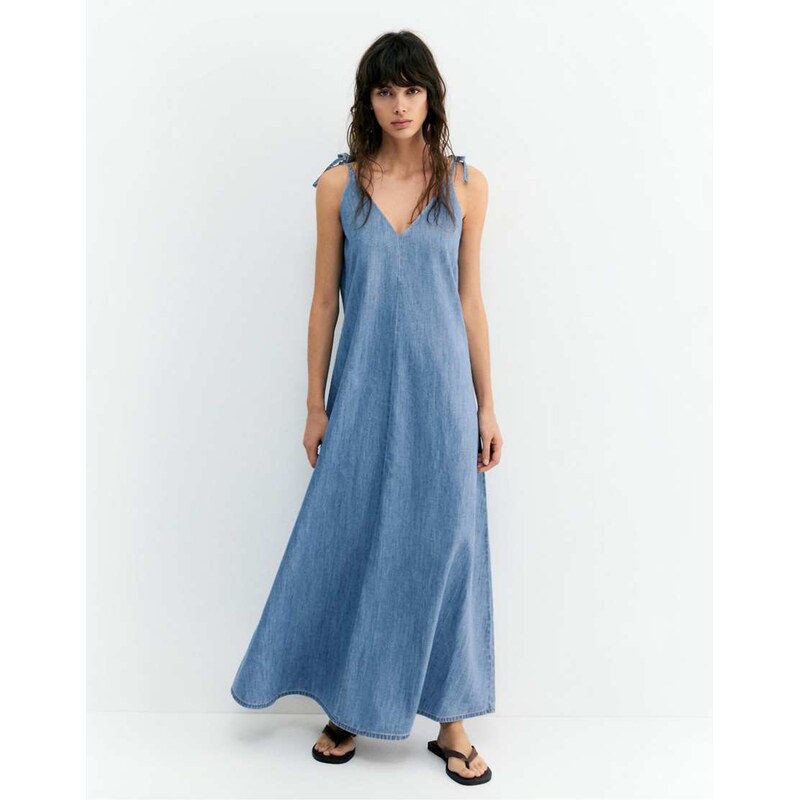 Pull&Bear Long denim strappy dress in pale blue
