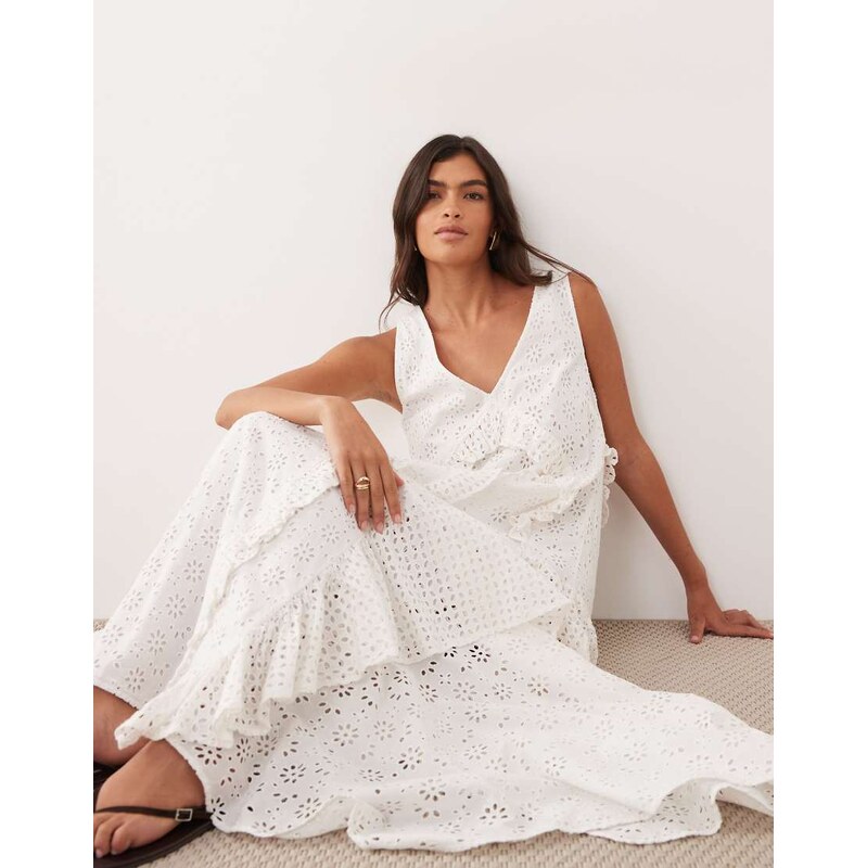 ARRANGE broderie ruffled v neck maxi dress in white 115155747