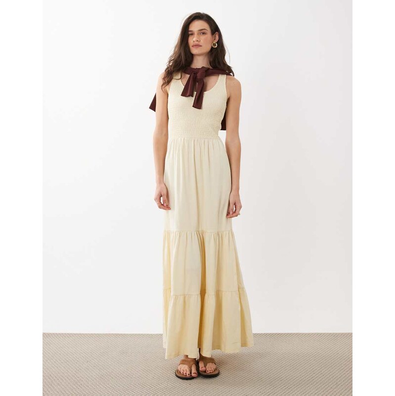 Brave Soul scoop neck shirred bodice maxi dress with tiered skirt in 115549554