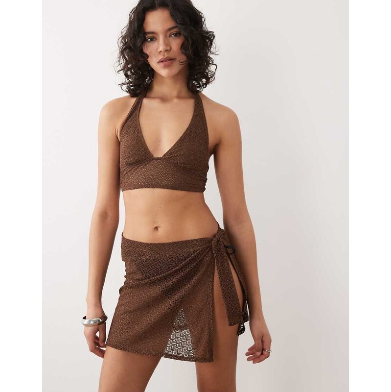 Free Society crochet halterneck beach top in dark brown