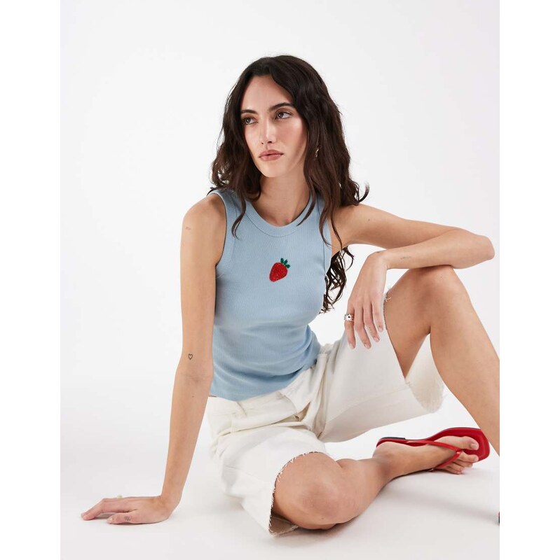 ASOS DESIGN scoop neck vest with embellished strawberry graphic in baby blue
