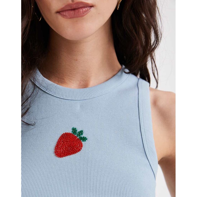 ASOS DESIGN scoop neck vest with embellished strawberry graphic in baby blue