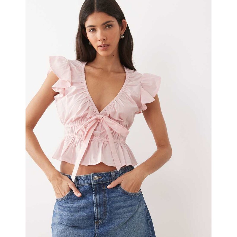 Wednesdays Girl ruffle short sleeve blouse in dusty pink 115609988