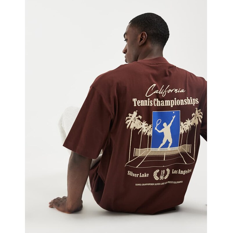 ASOS DESIGN oversized t-shirt with tennis graphic in brown
