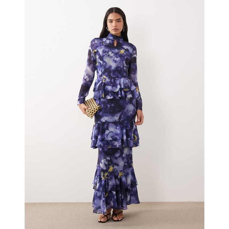 Daska chiffon high neck keyhole tiered frill maxi dress in