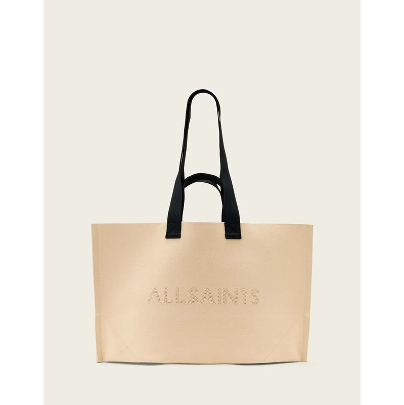 AllSaints Lutece knit logo tote bag in off white