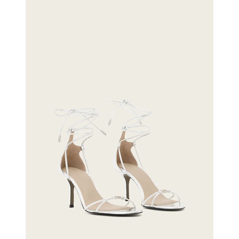 AllSaints Ali wrap around carabiner detail leather leather stilleto heels in silver