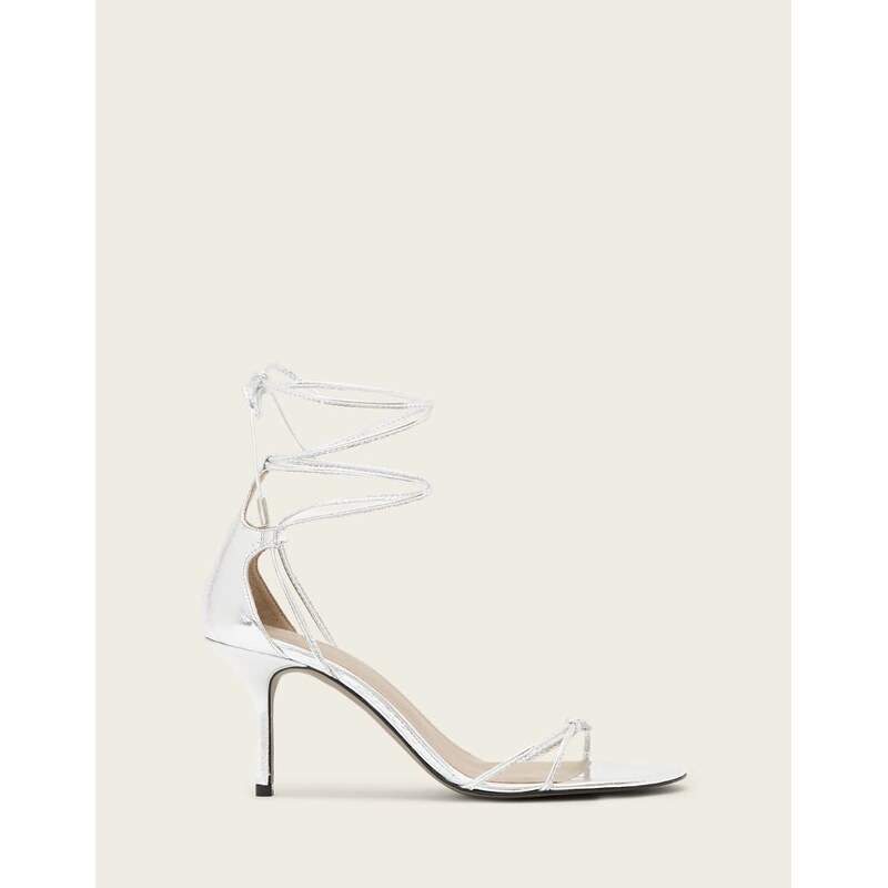 AllSaints Ali wrap around carabiner detail leather leather stilleto heels in silver
