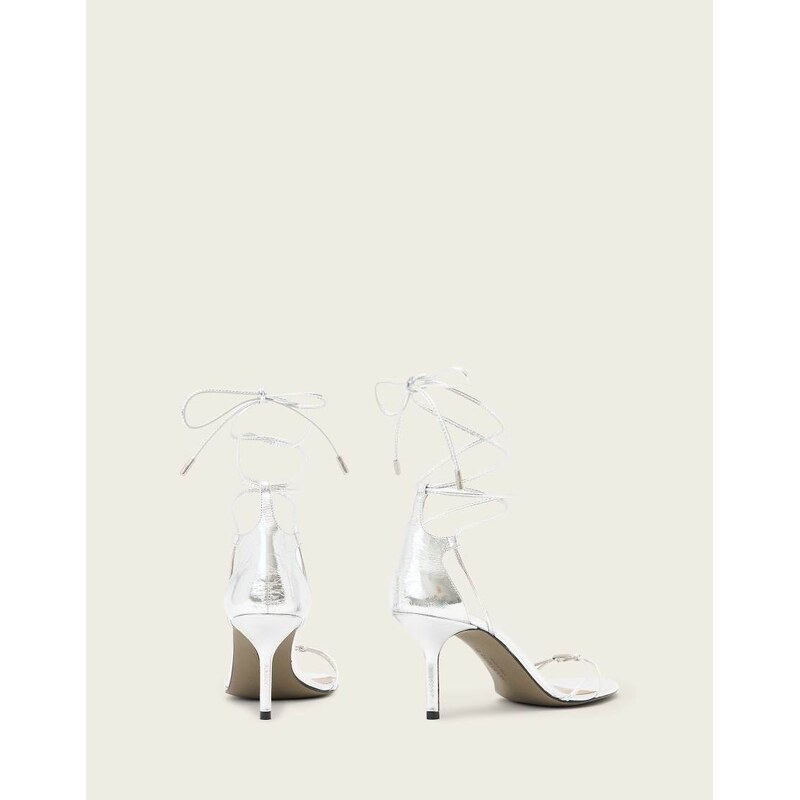 AllSaints Ali wrap around carabiner detail leather leather stilleto heels in silver