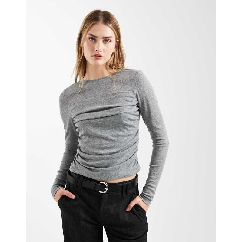 ASOS DESIGN soft jersey drape long sleeve top in grey marl -