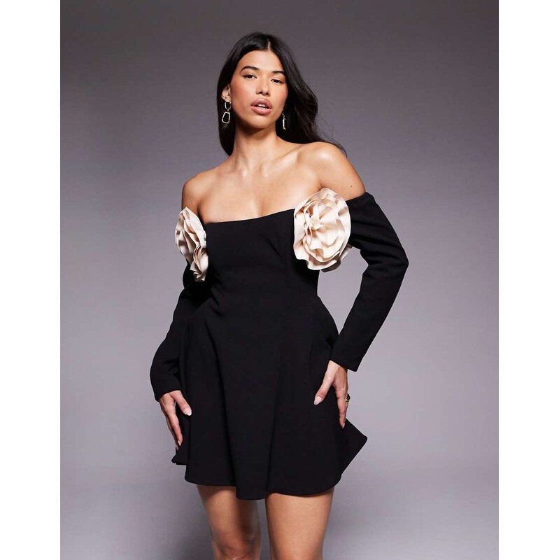 ASOS LUXE bardot mini skater dress with corsage details in black 115155745