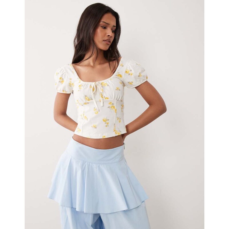 Miss Selfridge puff sleeve milkmaid top in ditsy print-Multi