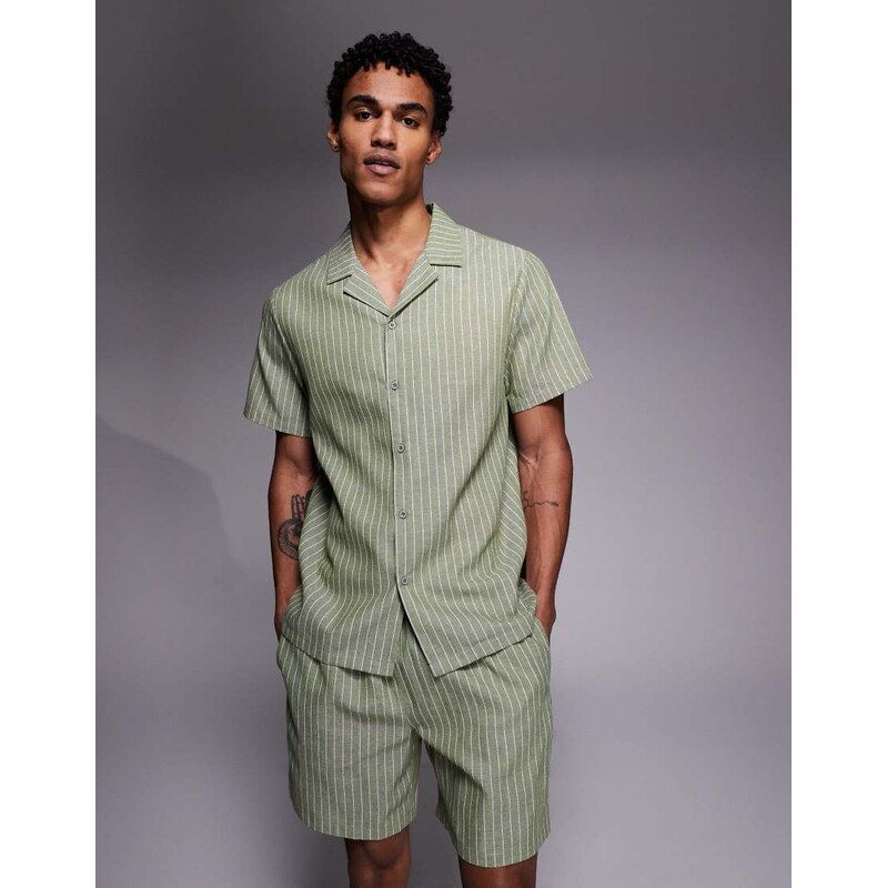 South Beach short sleeve linen shirt in khaki stripe-Green